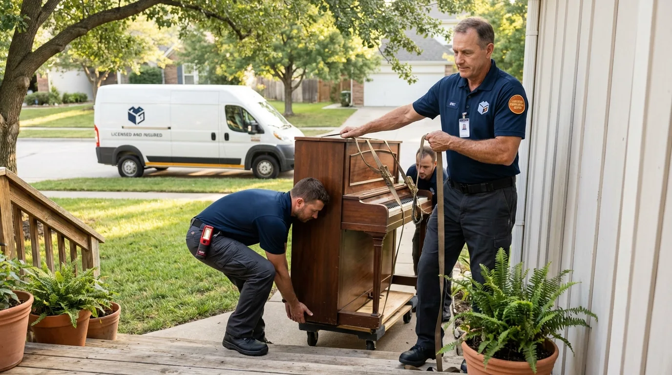 Licensed piano movers securing grand piano in Skaneateles, NY