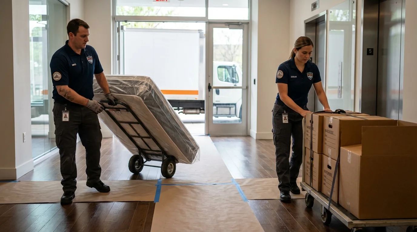 Professional apartment movers loading elevator in Skaneateles, NY