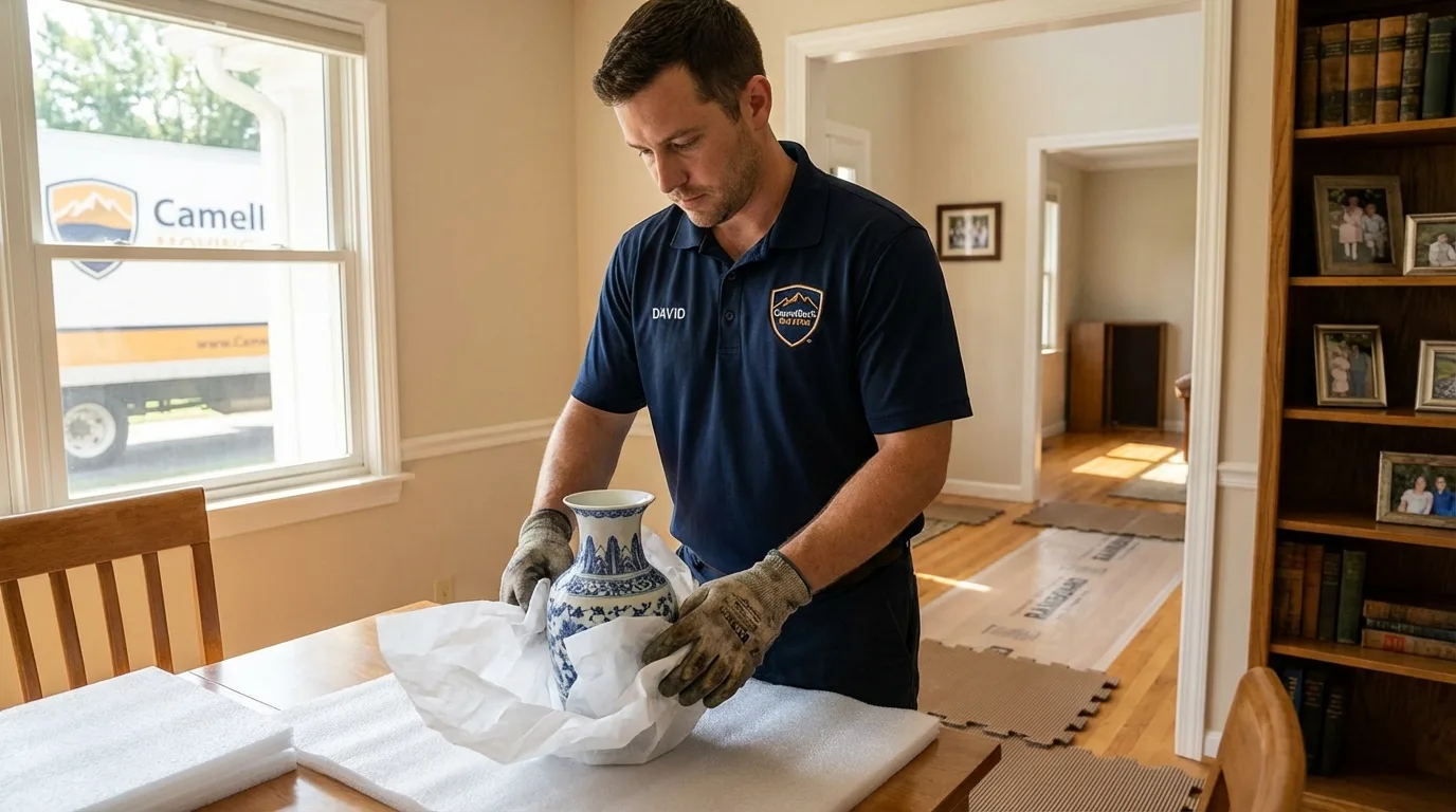 Professional crew carefully wrapping antique vase for senior downsizing move in Skaneateles, NY